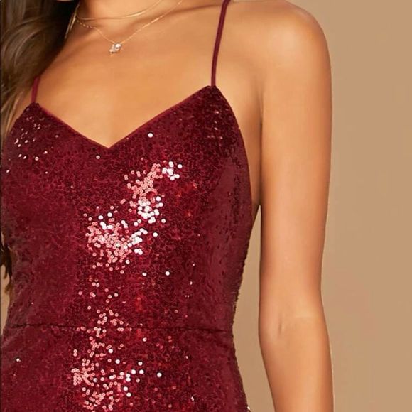 Red Split Thigh Sequin Slip dress - Picture 3 of 5